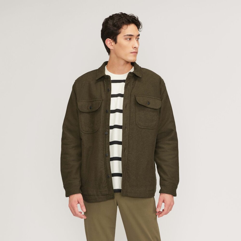 Everlane Men's ReNew Fleece-Lined Heavyweight Overshirt in Heathered Green, Med
